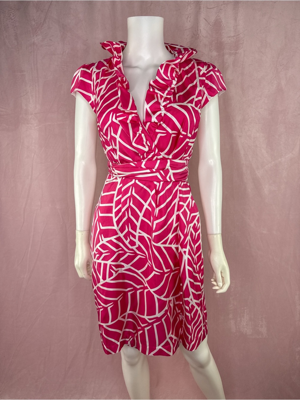 Elizabeth McKay Womens 100% Silk Pink Geometric Wrap Dress Size 2 Ruffle V-neck